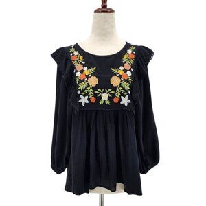NEW In Loom Womens XS Top Embroidered Floral Tunic Peasant Black Multicolor Boho